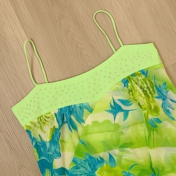 Y2K Glow Floral Green Blue Tank Top Medium Rhinestone Summer Flower whimsical - Picture 2 of 6